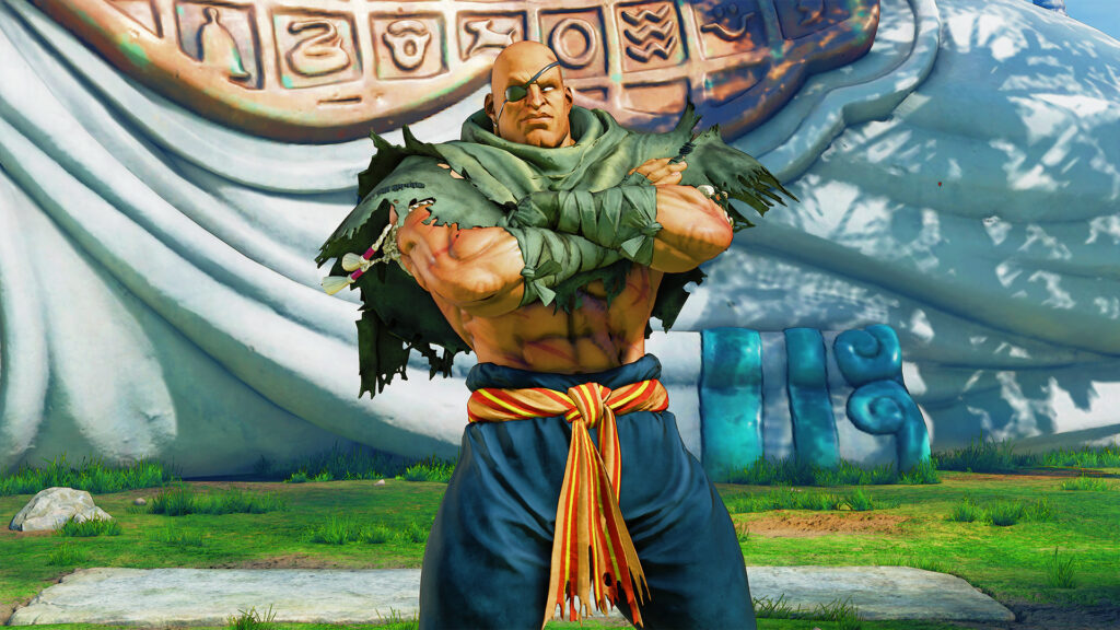 The image is a screenshot from the game Street Fighter V: it shows Sagat, one of the characters.