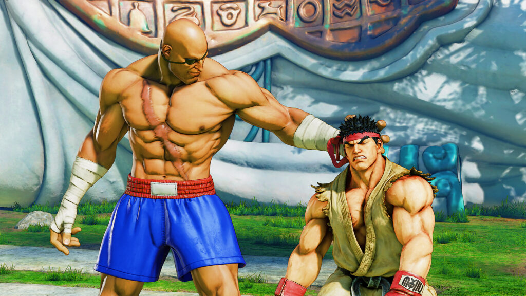 The image is a screenshot from the game Street Fighter V: it shows Sagat, one of the characters.
