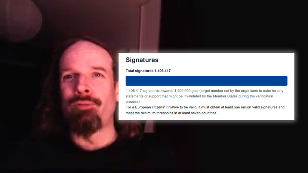 Image showing Scott with the achieved goal of 1.4M signatures for Stop Killing Games