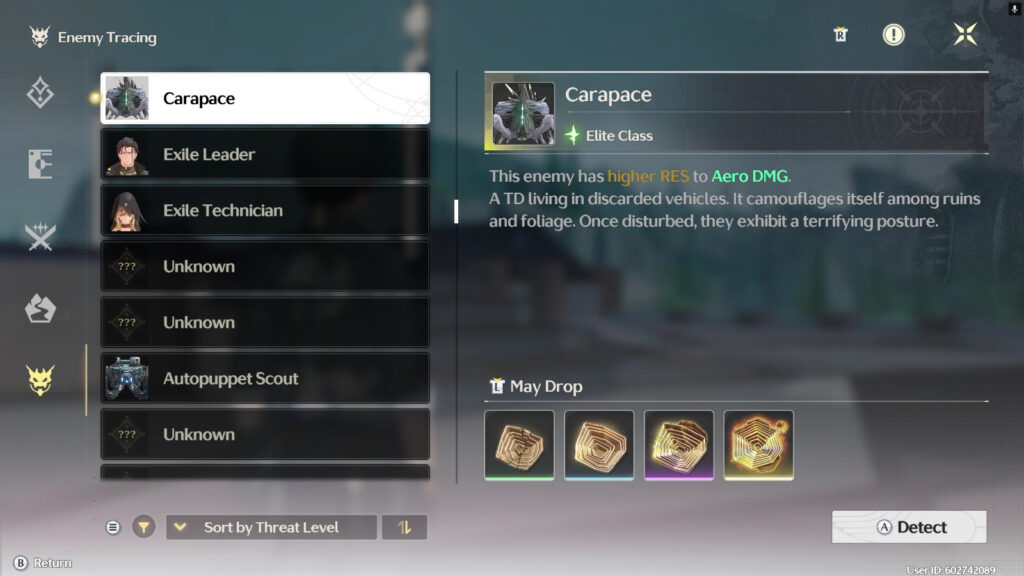 It's a screenshot of Data Bank in the game Withering Wave - tracking the creature Carapace.