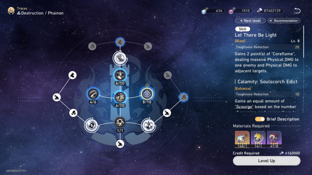 Phainon Trace build (Screenshot via esports.gg0