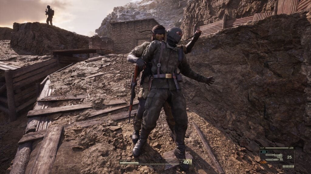 Snake stabbing an enemy in Metal Gear Solid Delta. 