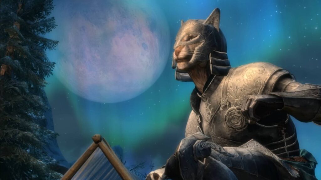 An armored Khajiit in Skyblivion