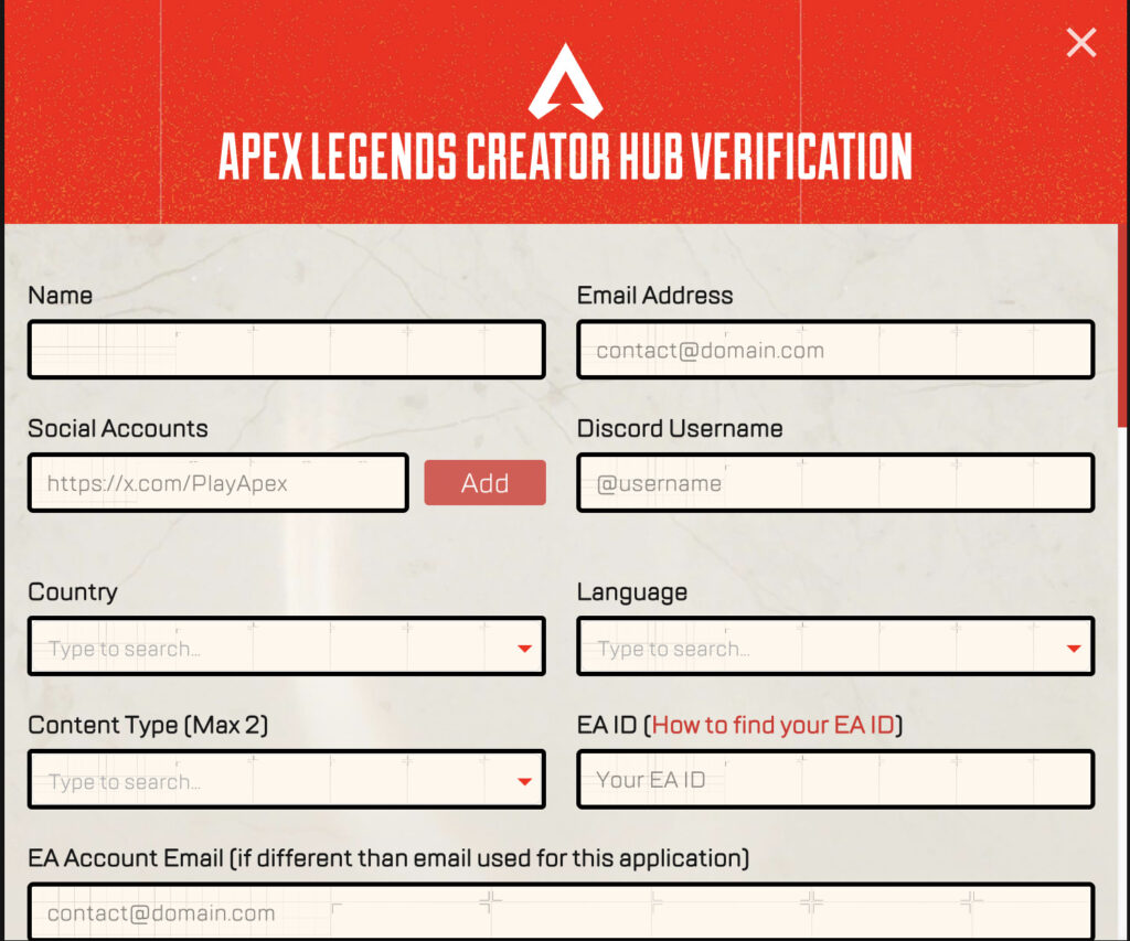 Apex Legends Creator Tournament Series verification form