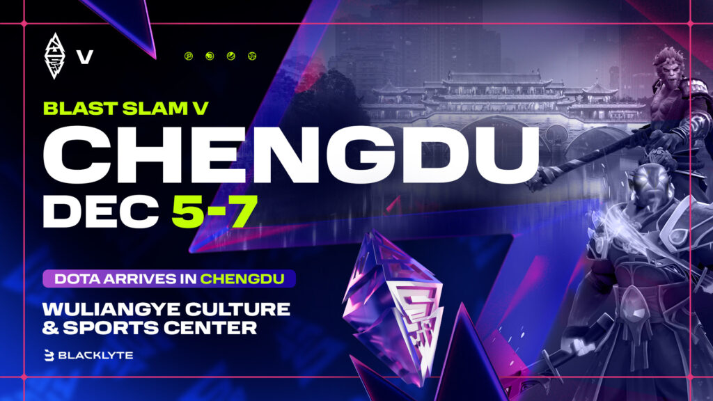 Poster for the BLAST Slam 5 in Chengdu, China. it also announces the venue: Wuliangye Culture & Sports Center.