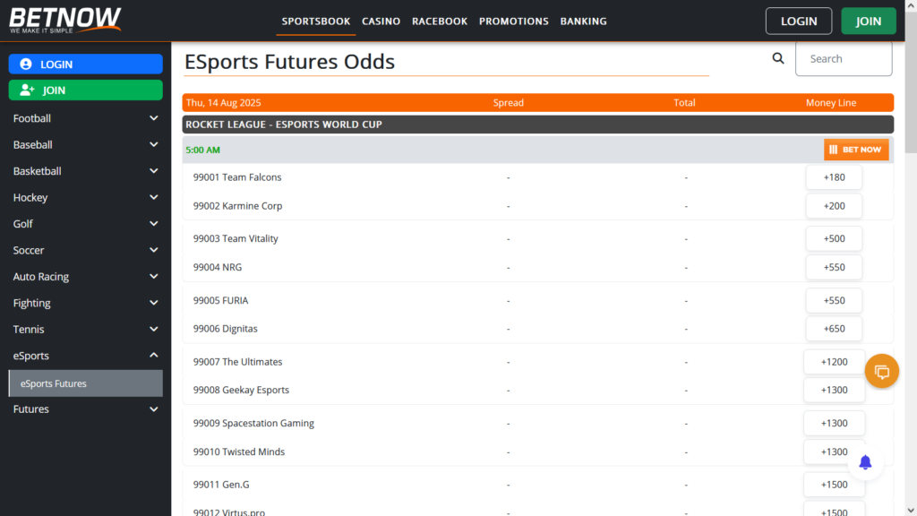 The image is a screenshot of the betting page on the platform BetNow — bet on the winners of the Rocket League Esports World Cup 2025.
