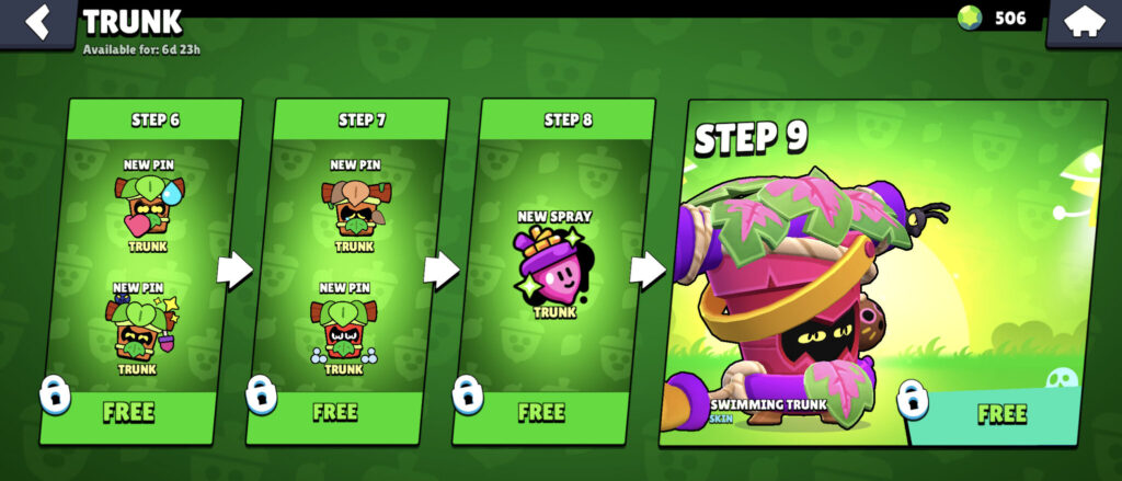 The image shows the content of the Trunk bundle — additional cosmetic items that come with the brawler in the Brawl Stars shop.