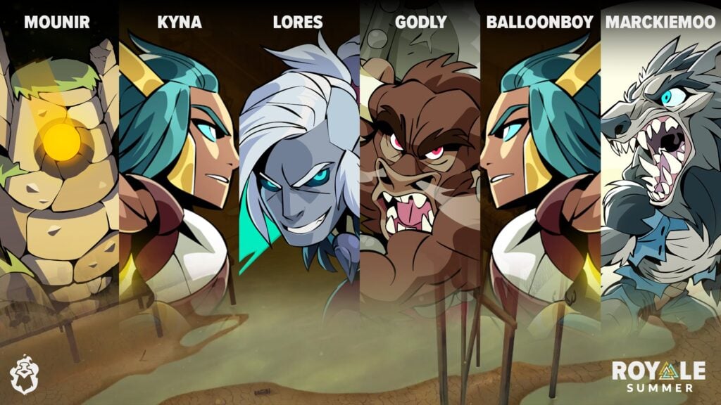 The image shows esports players participating in Brawlhalla Summer Royale 2025 and their game characters.