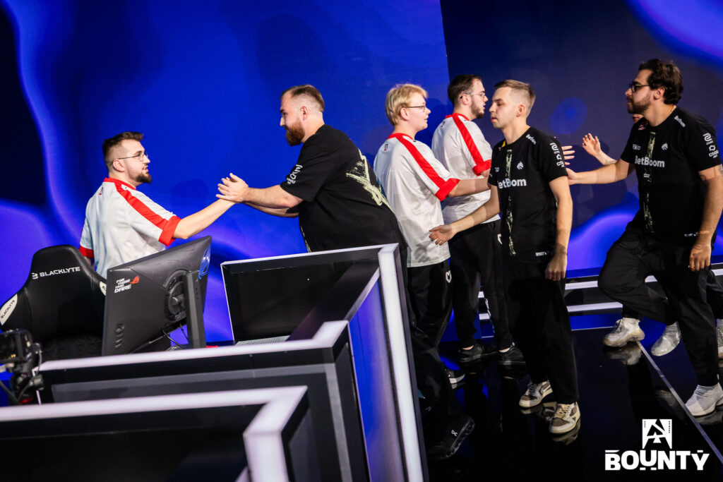 CS2 players from MOUZ and Spirit shake hands after their match at BLAST Bounty Fall 2025 — a photo.