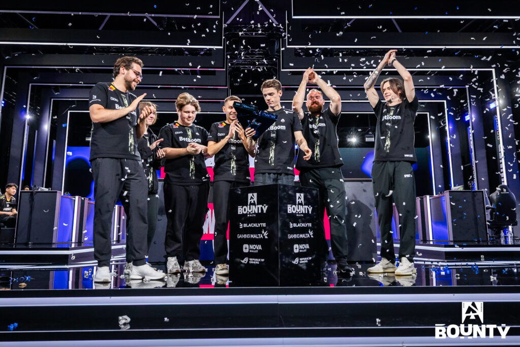 It’s a photo of the Counter-Strike Team Spirit on the stage of the tournament BLAST Bounty Fall 2025 — the players celebrate the win.