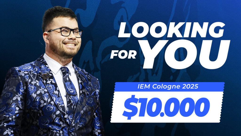 It’s a poster of a $10,000 giveaway during the CS2 esports event IEM Cologne 2025. The image features the interviewer James Banks.