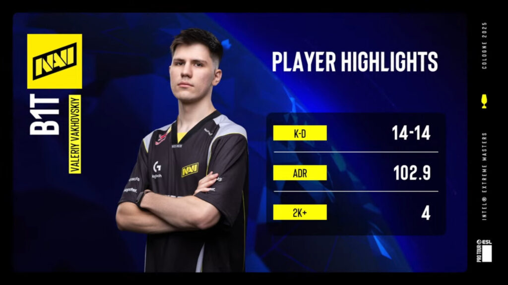 The image features stats of the NAVI player B1T in game 2 in the quarterfinal between NAVI and the MongolZ at the CS2 esports event IEM Cologne 2025.
