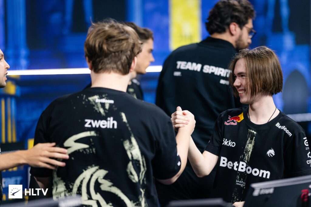 It’s a photo of the esports Team Spirit at the CS2 event IEM Cologne 2025. The image illustrates an article about the betting platforms that sponsor Counter-Strike 2 teams at this tournaments.