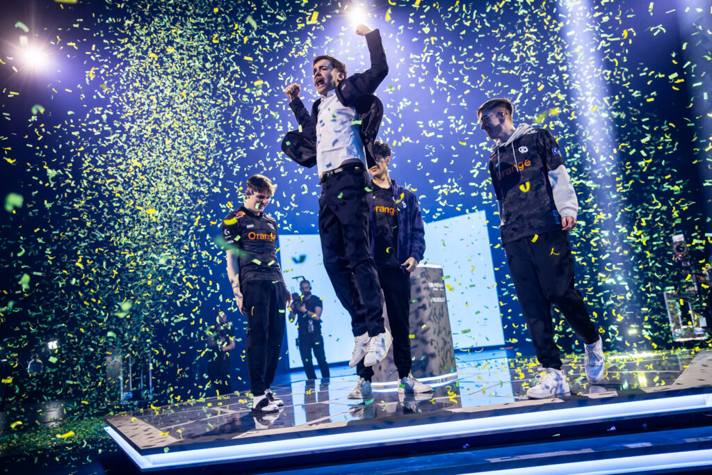 It’s a photo of the Rocket League esports team Karmine Corp after their win at the event RLCS 2025 Birmingham Major.