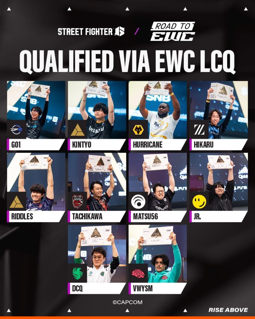 The image features photos of all Street Fighter 6 players who qualified for the Esports World Cup 2025 via the Last Chance Qualifier (LCQ).