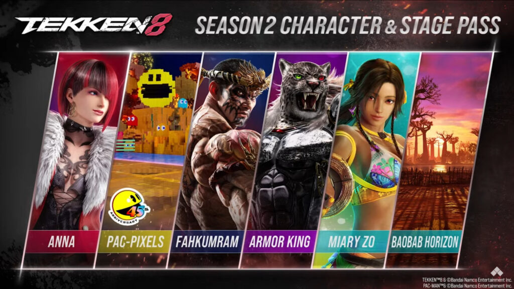 The image shows the DLC characters in TEKKEN 8 Season 2, including Miary Zo.