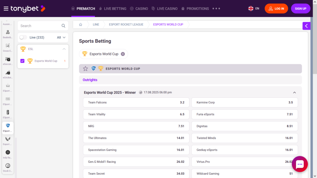 The image is a screenshot of the betting page on the platform TonyBet — bet on the winners of the Rocket League Esports World Cup 2025.