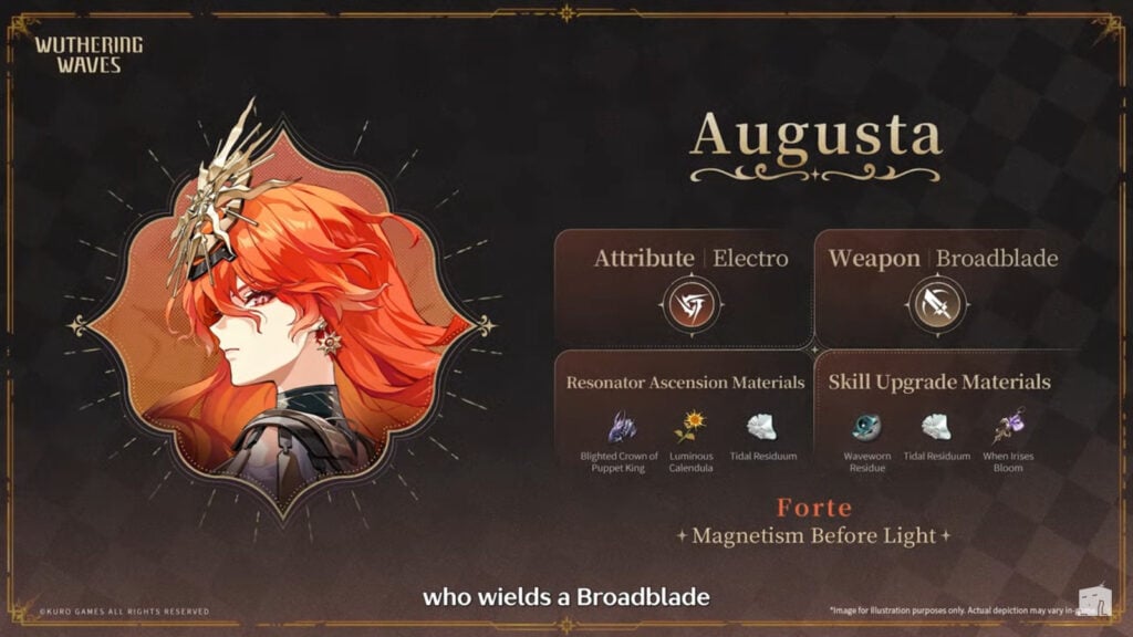 The image features attributes of the Wuthering Waves character Augusta.