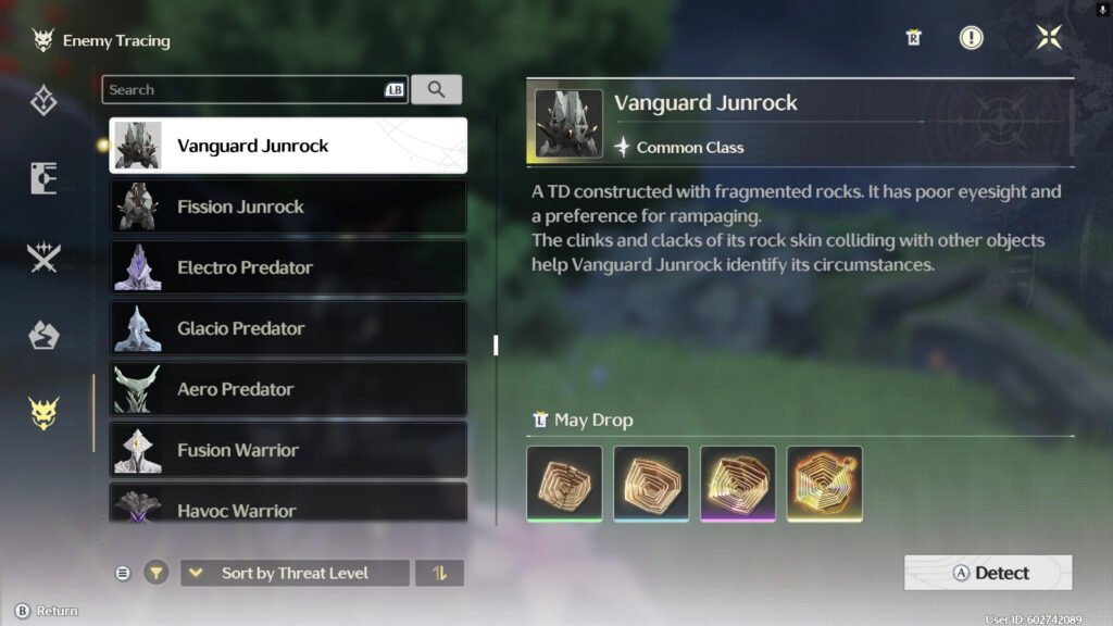 It's a screenshot from the game Wuthering Waves: Guidebook open to track the creature Vanguard Junrock. The image illustrates the Iuno Ascension material guide.