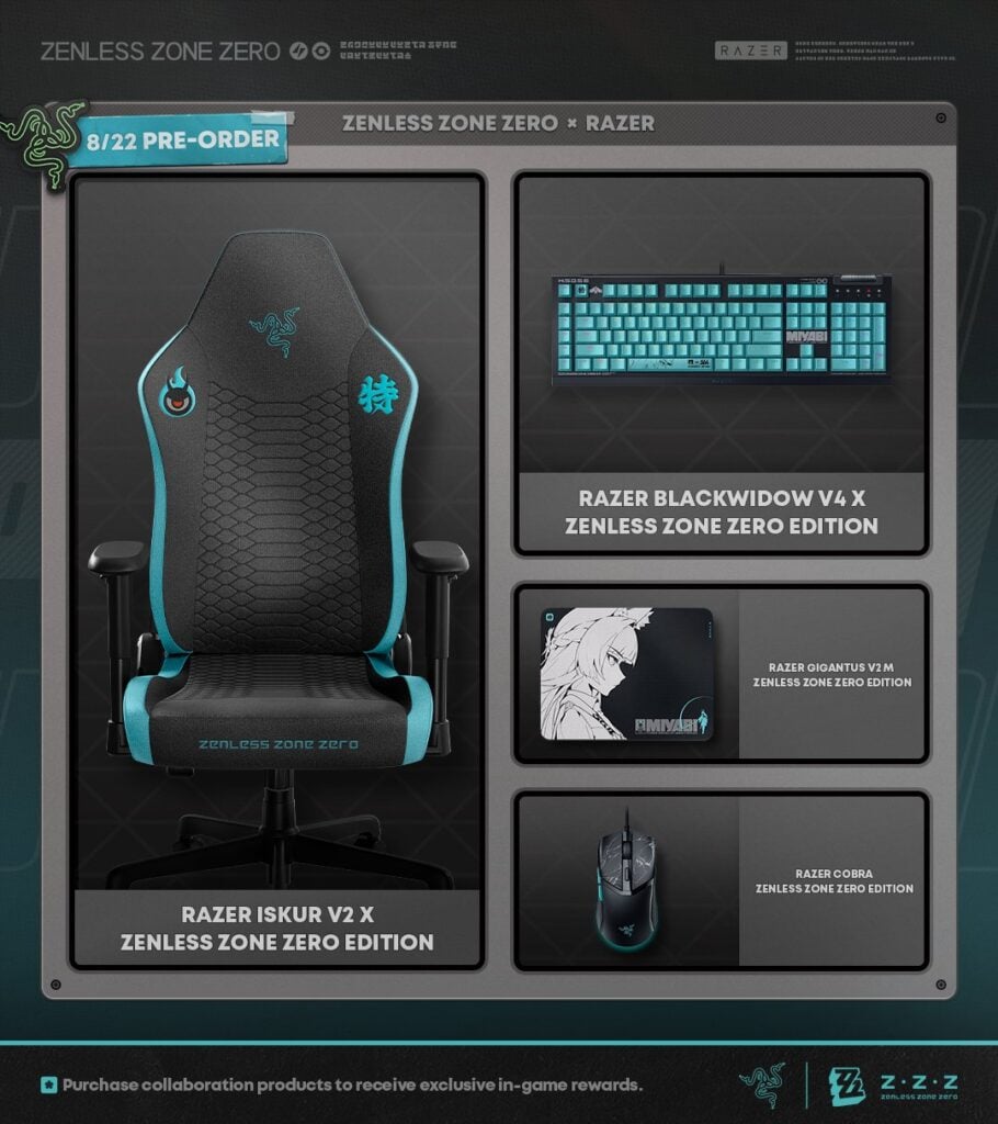The image features the gaming products of the Razer x Zenless Zone Zero series: chair, keyboard, mousepad, and mouse.