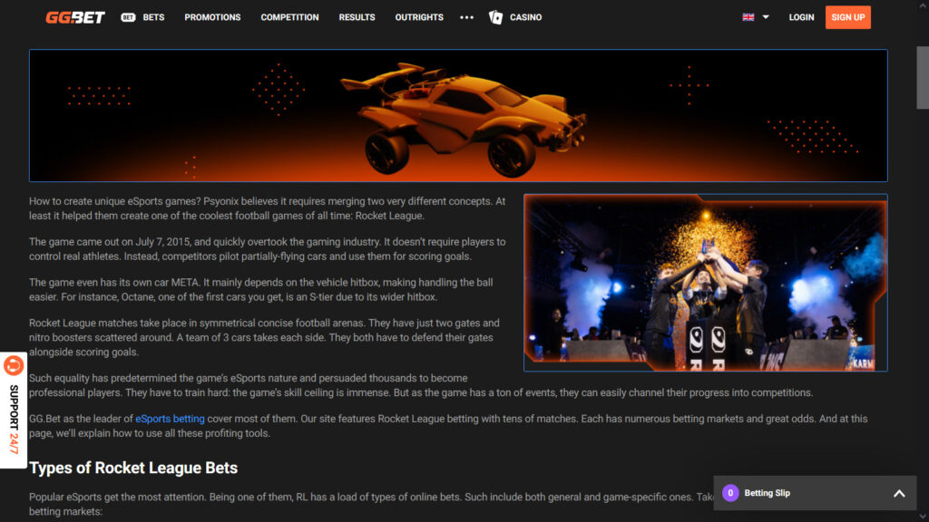 The image is a screenshot of the Rocket League betting page on the platform GGBET.