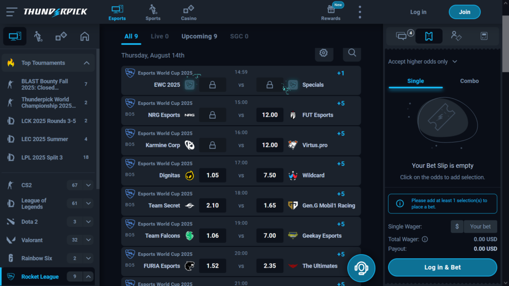 The image is a screenshot of the betting page on the platform Thunderpick — matches of the Rocket League Esports World Cup 2025.