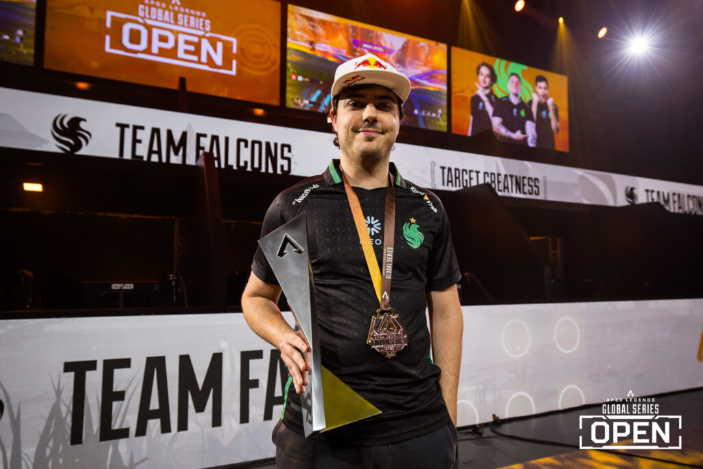 ImperialHal from Team Falcons holding the ALGS Open trophy