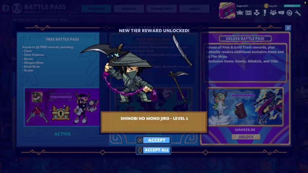 The Brawlhalla screenshot captures the moment of getting a Battle Pass Season 12 skin Shinobi No Mono Jiro.