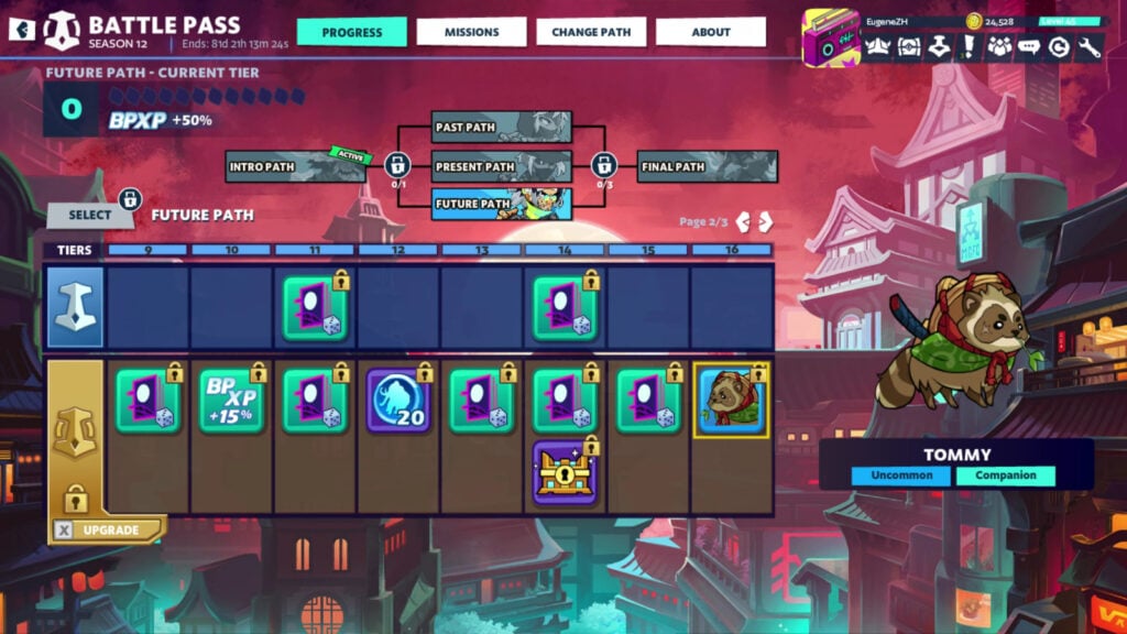 The Brawlhalla screenshot shows the tanooki companion Tommy in the Battle Pass Season 12 Future Path.