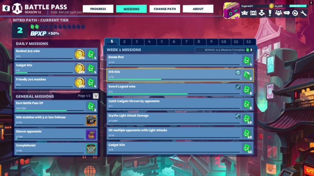 The image shows week 1 missions in Brawlhalla Battle Pass Season 12: it’s a screenshot.