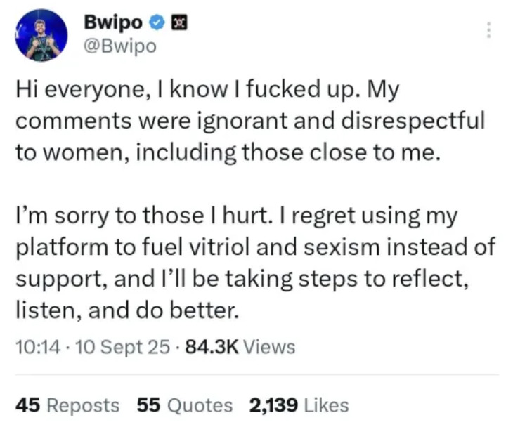 Bwipo apology tweet