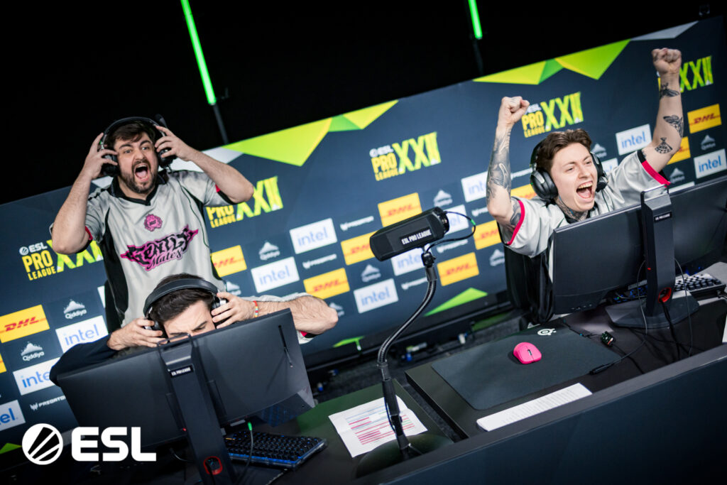 It's a photo of the CS2 players from the team Gentle Mates after defeating G2 Esports at the event ESL Pro League Season 22.