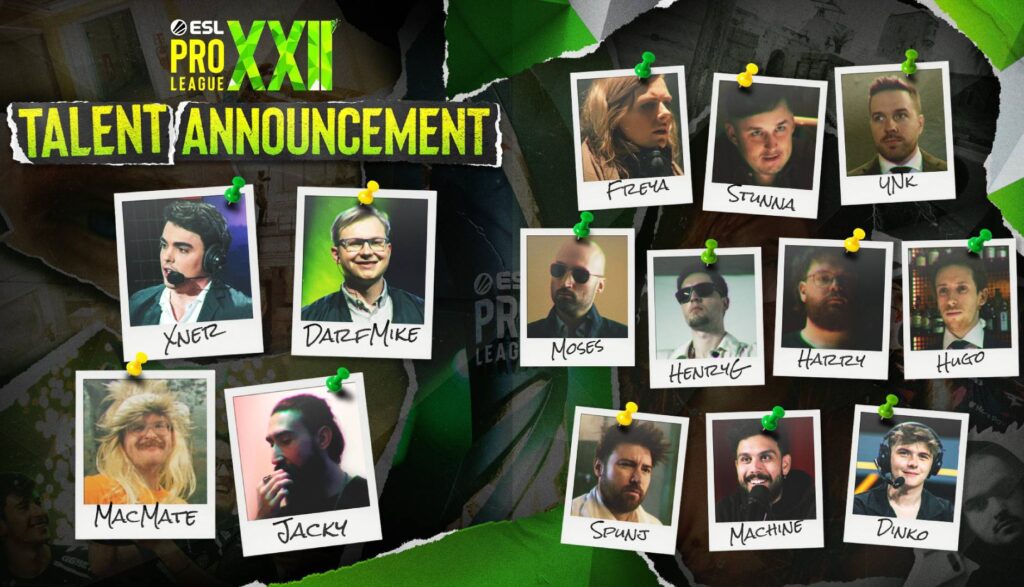 A photo collage of the on-air talent, including hosts, commentators, and analysts, working on the ESL Pro League Season 22 Counter-Strike 2 streams.