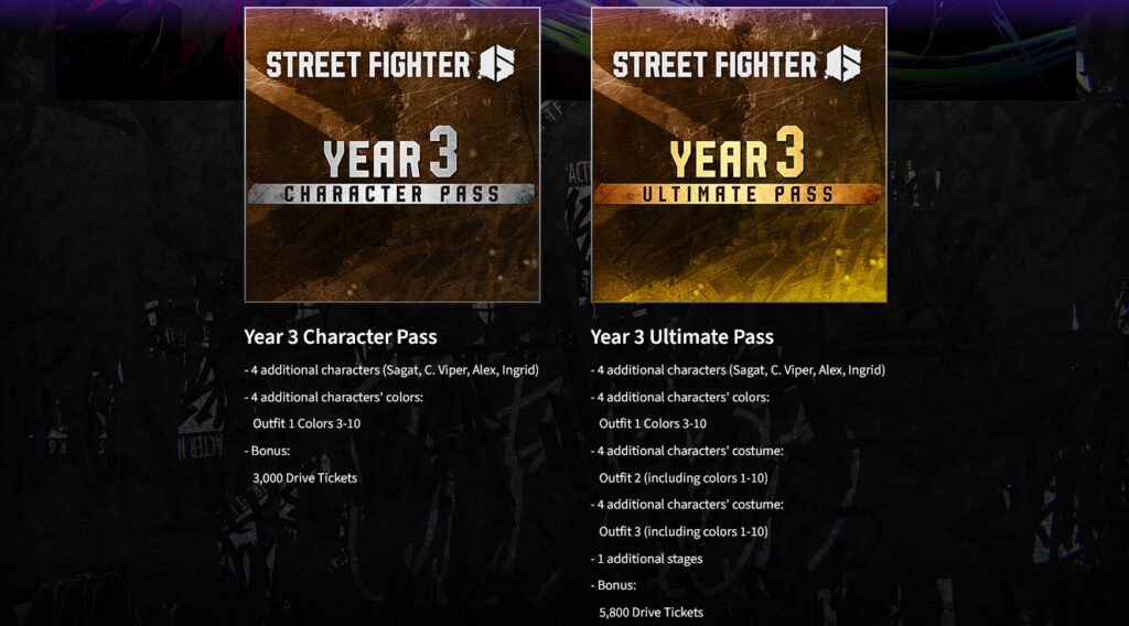 The image is a screenshot from the official Street Fighter website - it shows the content of the SF6 Year 3 Character Pass and Year 3 Ultimate Pass.