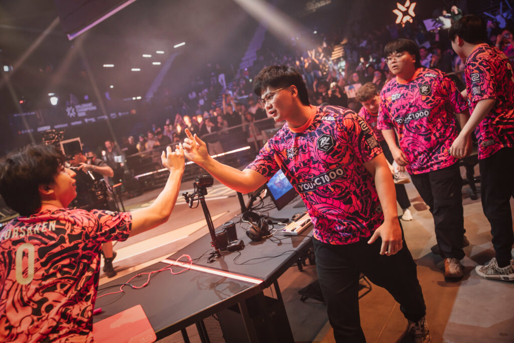 The Paper Rex VALORANT esports players at the stage of the tournament Champions 2025 celebrate a match win — a photo.