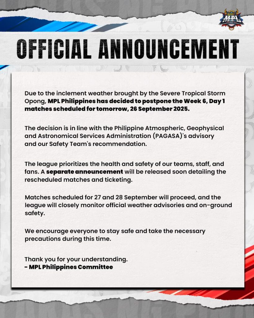 MPL PH Season 16 Week 6 Day 1 Matches Postponed