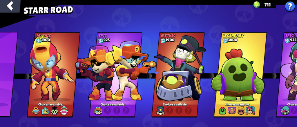 This Brawl Stars screenshot shows the in-game section Starr Road for unlocking characters for free - it features Mythic brawlers.