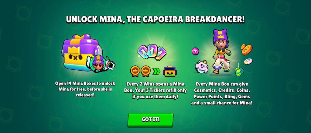 The Brawl Stars screenshot shows the in-game rules for unlocking Mina for free during a special event.