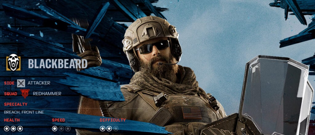 The image shows the Operator Blackbeard in the shooting game Rainbow Six Siege X — the character and some of his stats.