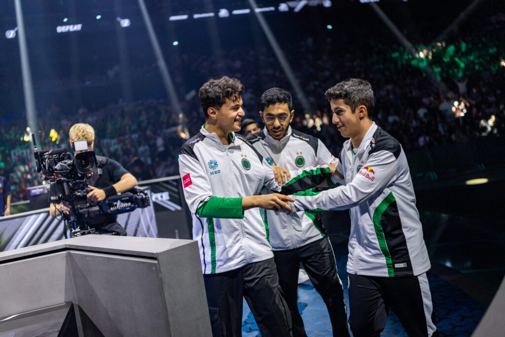 It’s a photo of the Rocket League Team Falcons during the RLCS 2025 World Championship.