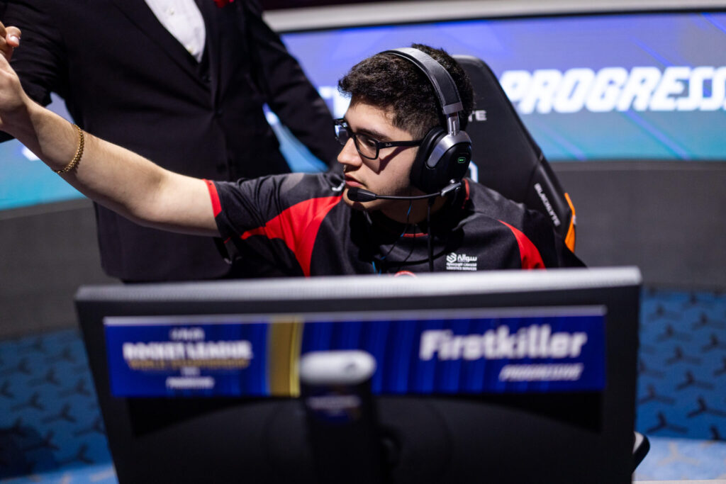 It’s a photo of the Rocket League player Firstkiller from The Ultimates during the RLCS 2025 World Championship.