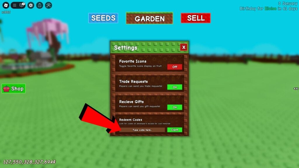 Redeem Code section of Grow a Garden