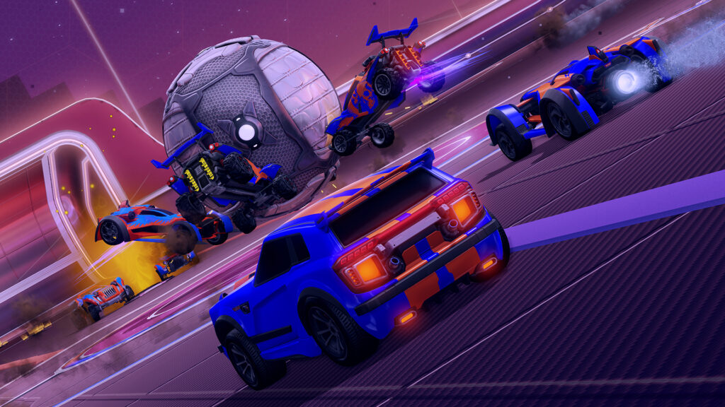 The image features a scene from a new game mode in Rocket League: 4v4 soccar matches in Season 20.