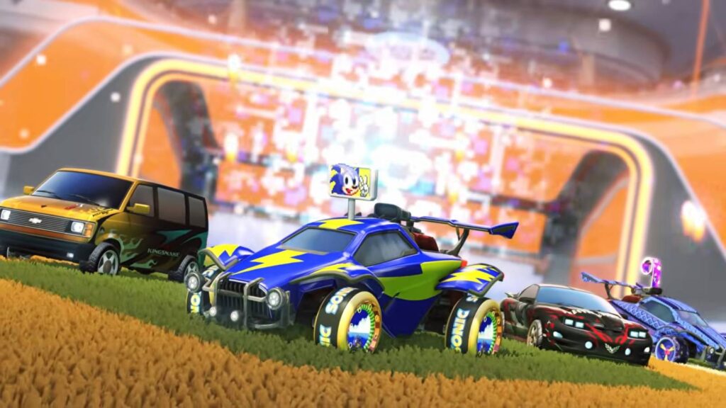 The image features a Rocket League car customized with Sonic the Hedgehog cosmetic items.