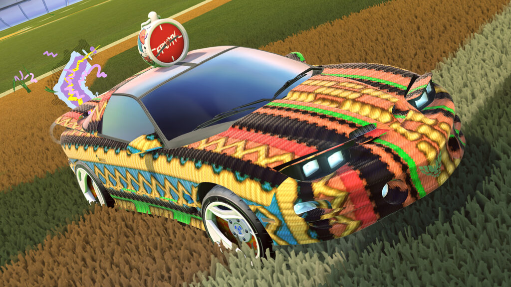 A Rocket League car in this image is customized with the items from the in-game Season 20.