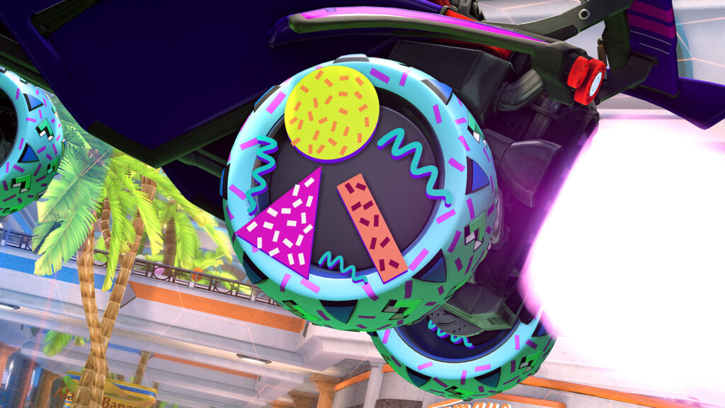 The image features cosmetic wheels in Rocket League Season 20: Mad Rad Wheels.