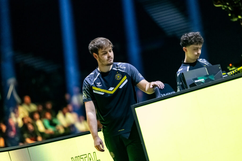 It’s a photo of Rocket League players M0nkey M00n and ExoTiiK from Team Vitality at the event RLCS 2025 Birmingham Major.