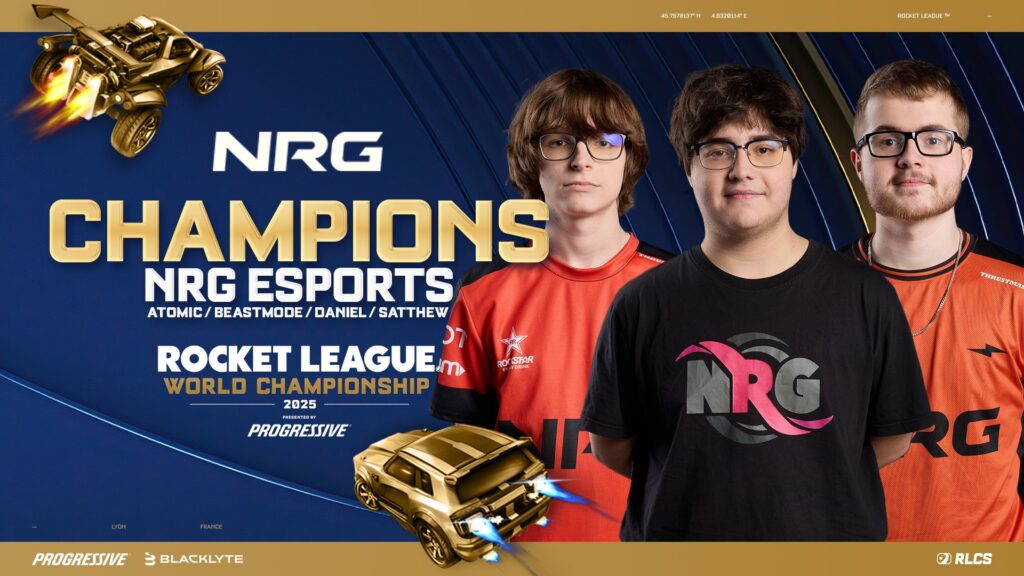 It's the official poster for the Rocket League team NRG Esports winning the World Championship 2025.
