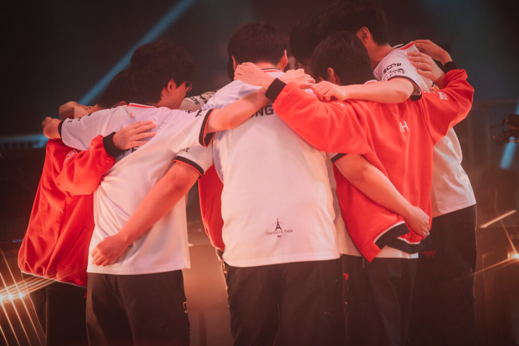 The VALORANT esports team T1 during a team-building moment at the tournament Champions 2025.