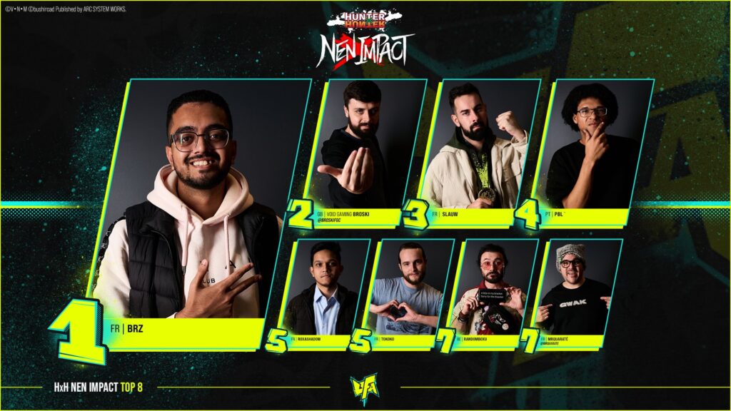 The image features of the top 8 Hunter x Hunter: Nen Impact players at the fighting games event Ultimate Fighting Arena 2025.